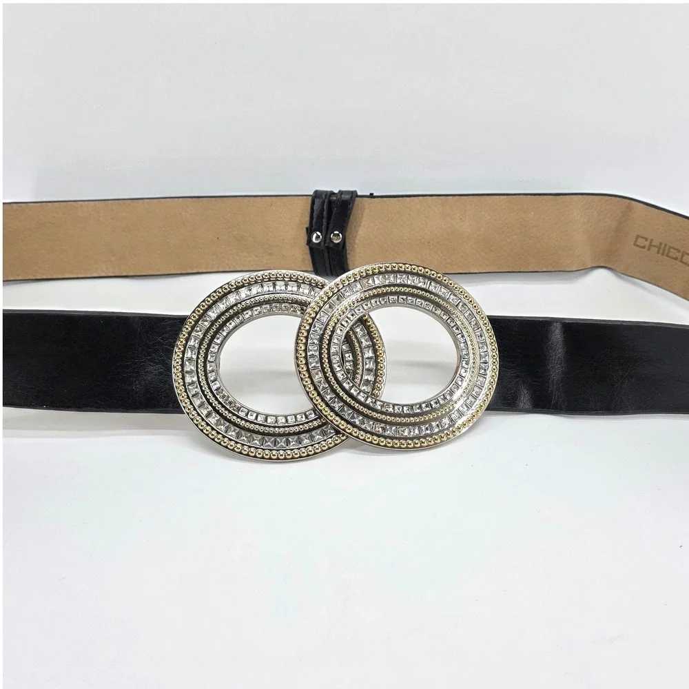 Chico's Belt Glitzy Rhinestones Black Leather Hook Silver Gold Circle Buckle M/L